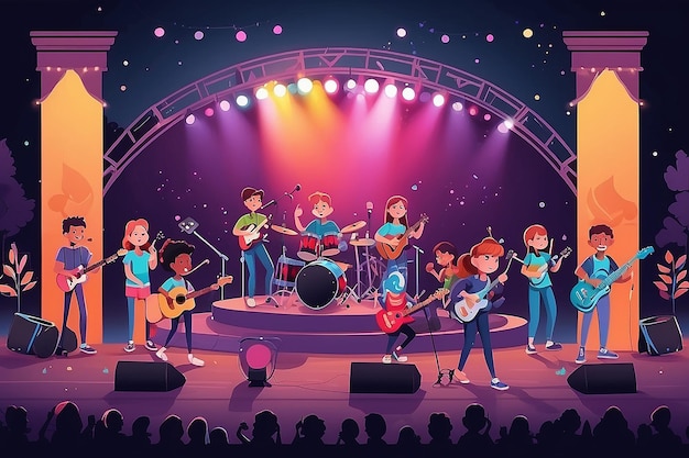 Banda de música infantil tocando en el escenario en un festival al aire libre Ilustración vectorial