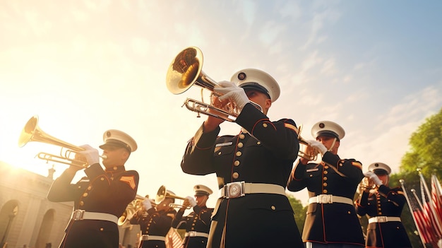 Una banda musical militar marcha en un desfile militar festivo en la calle en un día soleado Celebrando el Día de la Independencia del Recuerdo