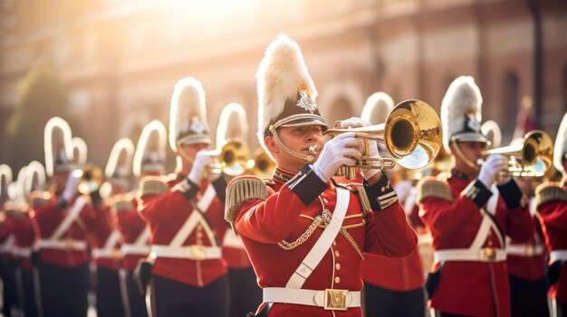 Una banda musical militar marcha en un desfile militar festivo en la calle en un día soleado Celebrando el Día de la Independencia del Recuerdo