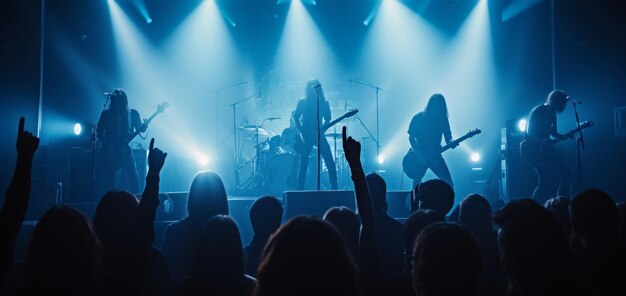 Una banda de rock actúa enérgicamente en el escenario iluminada por llamativas luces azules con una multitud de fans disfrutando de la música