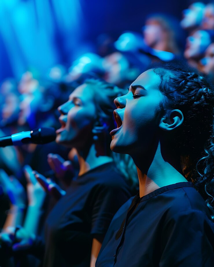 banda de rock con coro en el escenario en un concierto