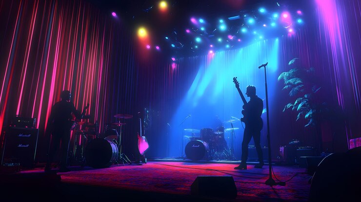 Banda de siluetas actuando en el escenario con luces de neón