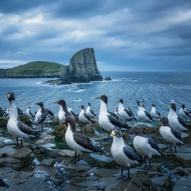 Foto bandada de aves marinas en las islas farne en northumberland, inglaterra