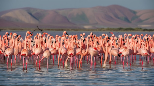 Foto una bandada de flamencos rosados en la bahía de walvis, namibia