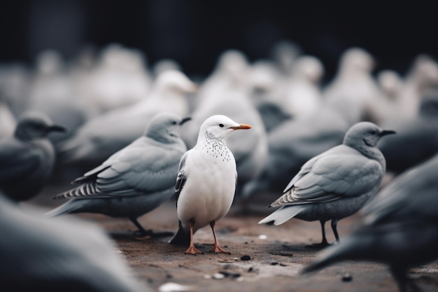 Una bandada de gaviotas está de pie entre la multitud.