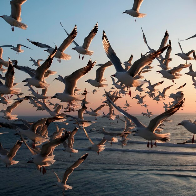 Una bandada de gaviotas volando en el cielo