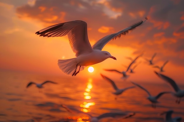 Foto una bandada de gaviotas volando sobre el océano al atardecer