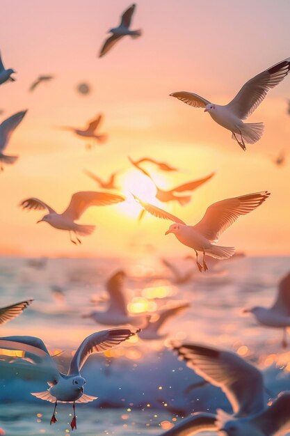 Una bandada de gaviotas en vuelo con el sol poniéndose en el fondo del océano