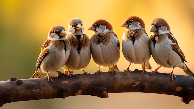 Foto una bandada de gorriones en la rama de un jardín