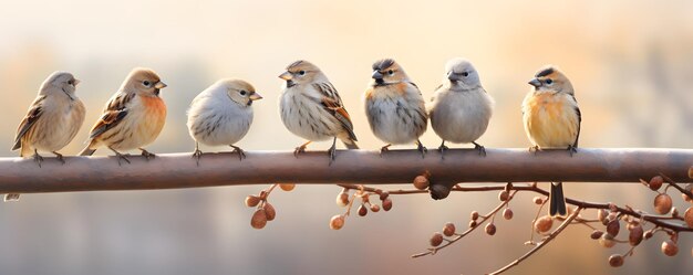 Foto una bandada de gorriones en la rama de un jardín