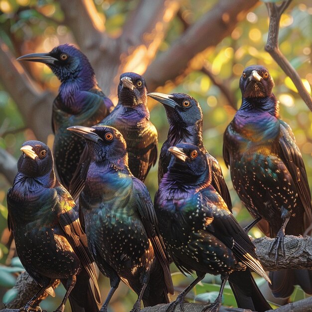 Foto una bandada de grackles comunes que se reúnen en el fondo