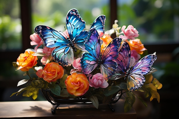 una bandada de hermosas mariposas revoloteando entre las coloridas flores del jardín