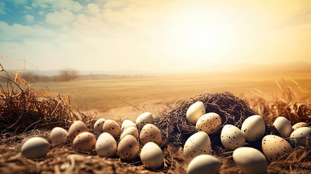 Una bandada de huevos en un nido con el sol de fondo