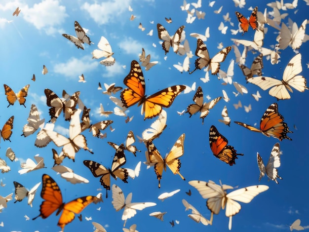 una bandada de mariposas volando en el aire con un cielo azul de fondo