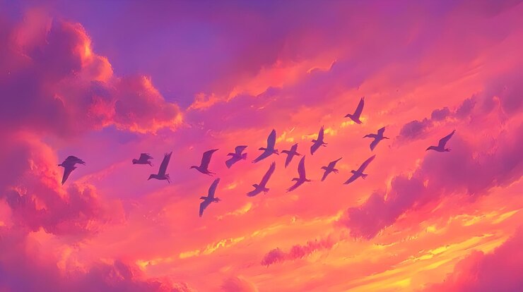 Una bandada de pájaros de colores vuelan a través de un cielo vibrante