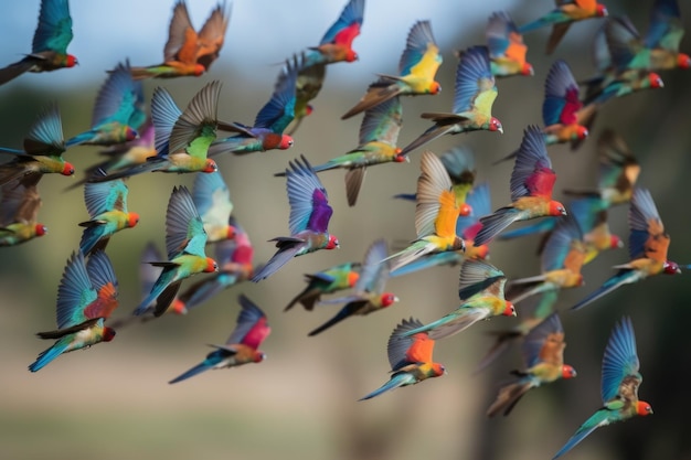 Foto bandada de pájaros coloridos volando juntos en formación creada con ai generativo