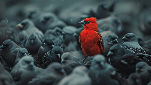 una bandada de pájaros con un pájaro rojo en la espalda