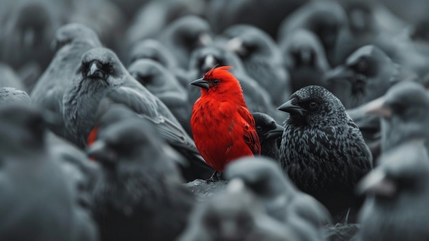 una bandada de pájaros con un pájaro rojo en la espalda