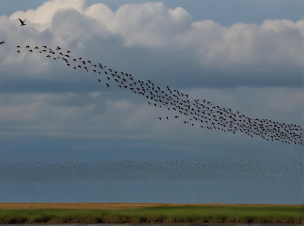 una bandada de pájaros volando en el cielo por encima del agua