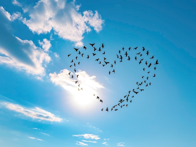 Una bandada de pájaros volando en el cielo forman una forma de corazón hermoso cielo brillante día de verano