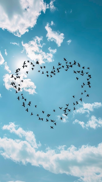 Una bandada de pájaros volando en el cielo forman una forma de corazón hermoso cielo brillante día de verano