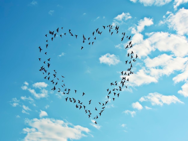 Una bandada de pájaros volando en el cielo forman una forma de corazón hermoso cielo brillante día de verano