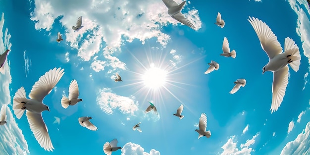 Bandada de pájaros volando bajo cielos soleados concepto de libertad y naturaleza en un paisaje majestuoso perfecto para fondos y temas pacíficos IA