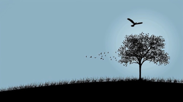 una bandada de pájaros volando sobre un árbol con un fondo de cielo azul