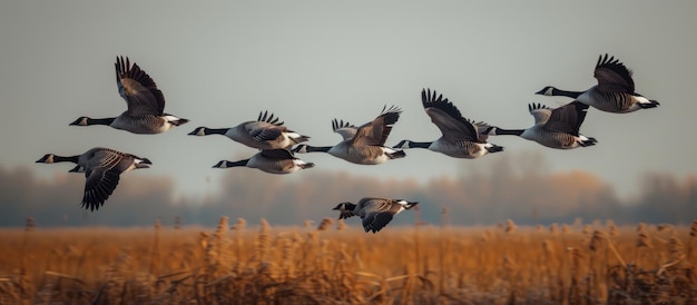 Una bandada de pájaros volando sobre un campo de hierba seca