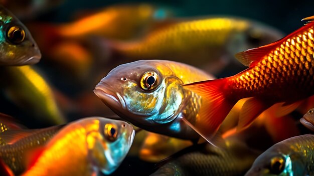 Foto una bandada de peces pequeños y el pequeño pez depredador del amazonas de cerca en busca de alimento ai generative