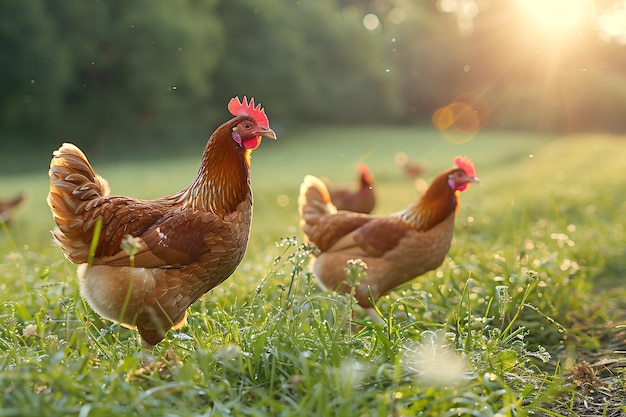 Una bandada de pollos vaga por el green paddock pollo de pasto libre en una granja tradicional de aves de corral