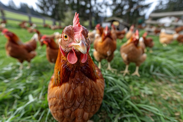 Una bandada de pollos vaga por el green paddock pollo de pasto libre en una granja tradicional de aves de corral