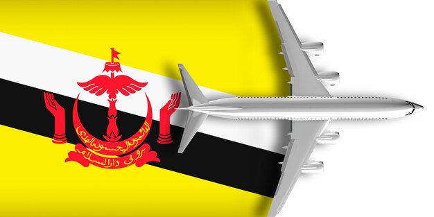 Bandeira 3d de brunei com um avião voando sobre ela