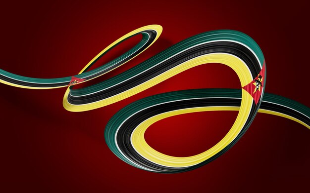 Bandeira 3D de Moçambique Bandeira de fita 3D isolada em fundo vermelho Ilustração 3D