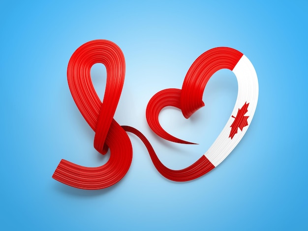 Foto bandeira 3d do canadá bandeira de fita de consciência ondulada brilhante em forma de coração sobre fundo azul ilustração 3d