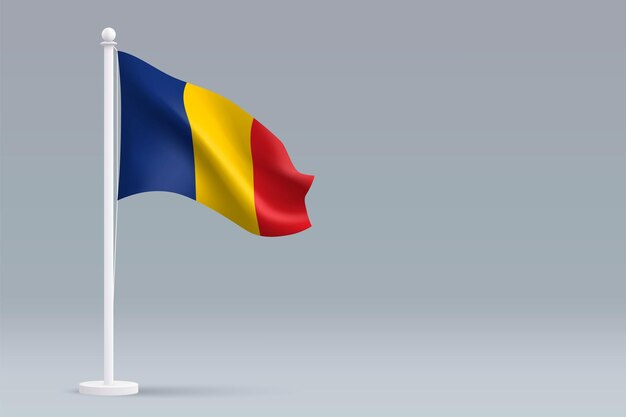 Foto bandeira 3d realista da romênia nacional isolada em fundo cinza com copyspace