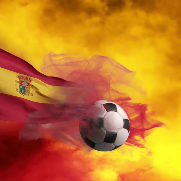 Foto bandeira amarela vermelha com espaço de cópia com futebol espanhol e bandeira da espanha em fumaça