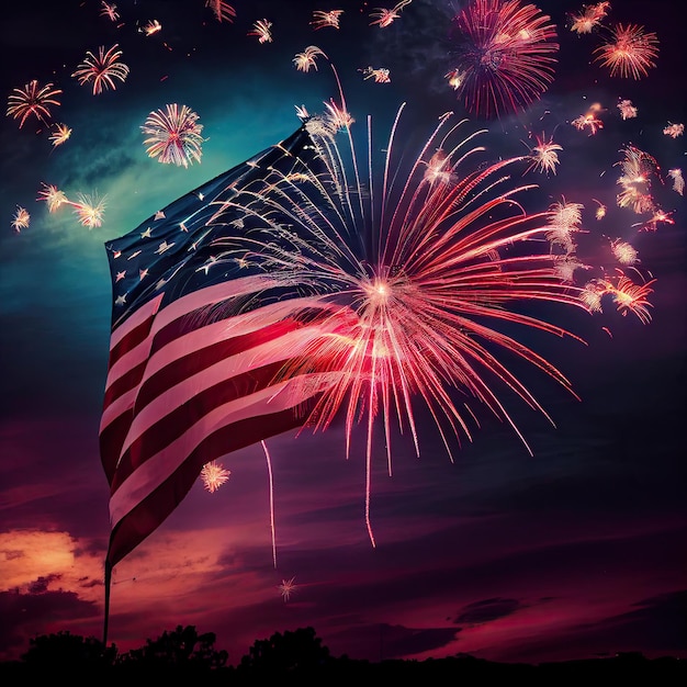 Bandeira americana com fogos de artifício no céu à noite