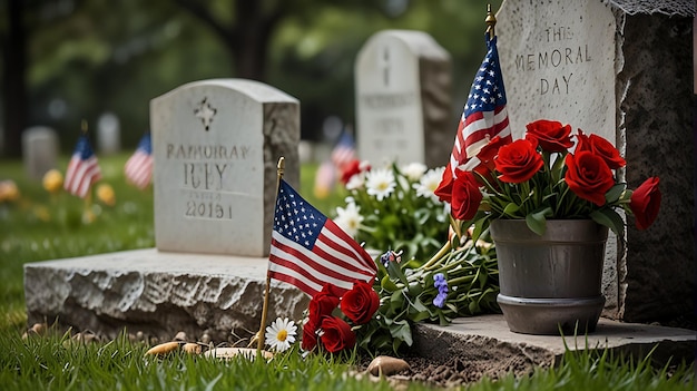 Foto bandeira americana de fundo com flores e a bandeira americana perto do túmulo