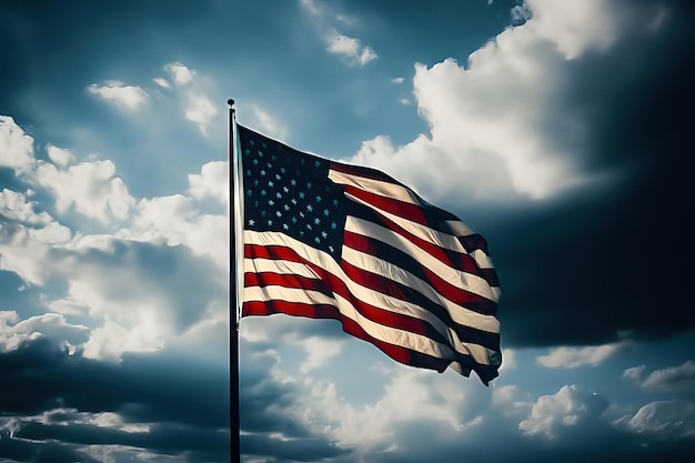 Bandeira americana de simbolismo patriótico tremulando ao vento IA generativa