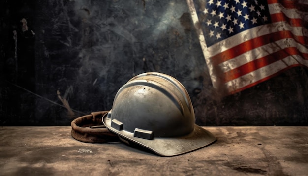 Bandeira americana e capacete de segurança
