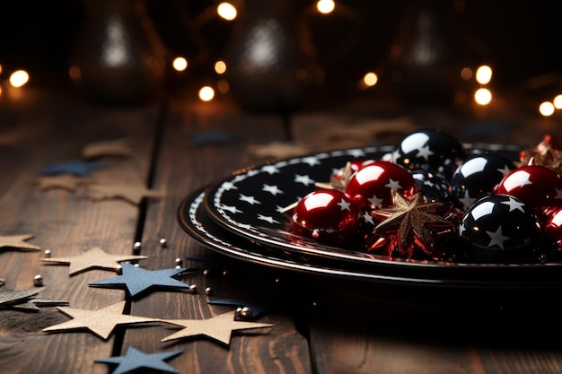 Bandeira americana e estrelas de feltro decoram a mesa com um prato azul em uma mesa de madeira