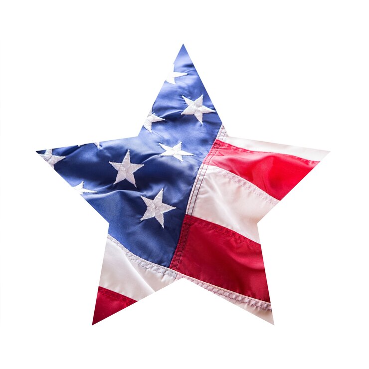 Foto bandeira americana em forma de estrela isolada no fundo branco.
