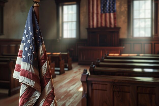 Bandeira americana em uma cena em um tribunal