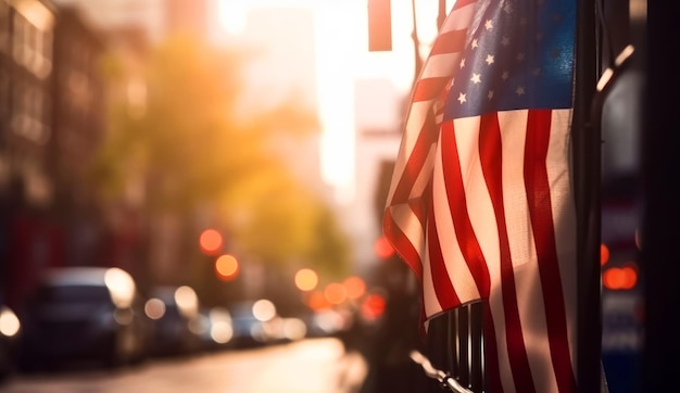 Bandeira americana pendurada na cerca ao ar livre Rua da cidade com carros no pano de fundo em desfoque Generative AI