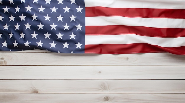Bandeira americana sobre espaço em branco de fundo de madeira branca