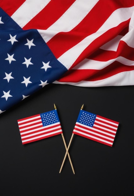 Bandeira americana voando em um escritório em frente a um fundo preto