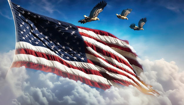 Bandeira americana voando no céu com a bandeira americana ao fundo.