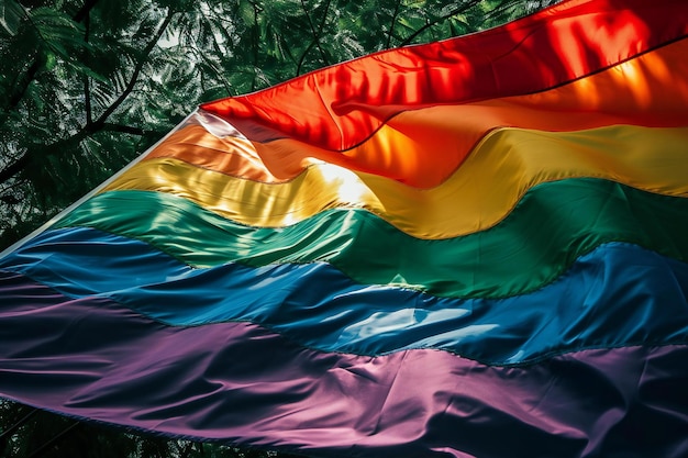 Foto bandeira arco-íris a agitar-se no vento contra o fundo da floresta