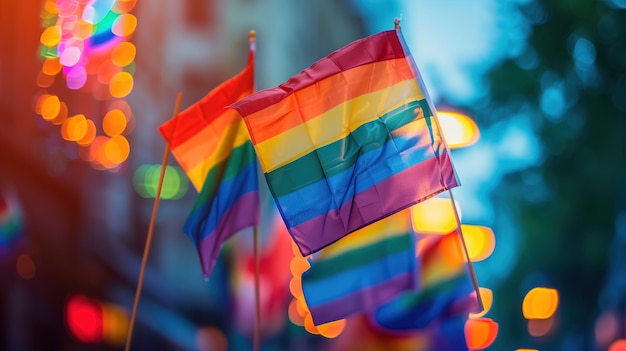 Bandeira arco-íris a voar na rua da cidade